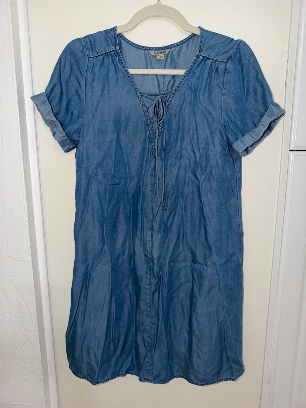 Lucky Brand Chambray Lyocell Lace Up Shift Dress Blue Coastal Beachy S